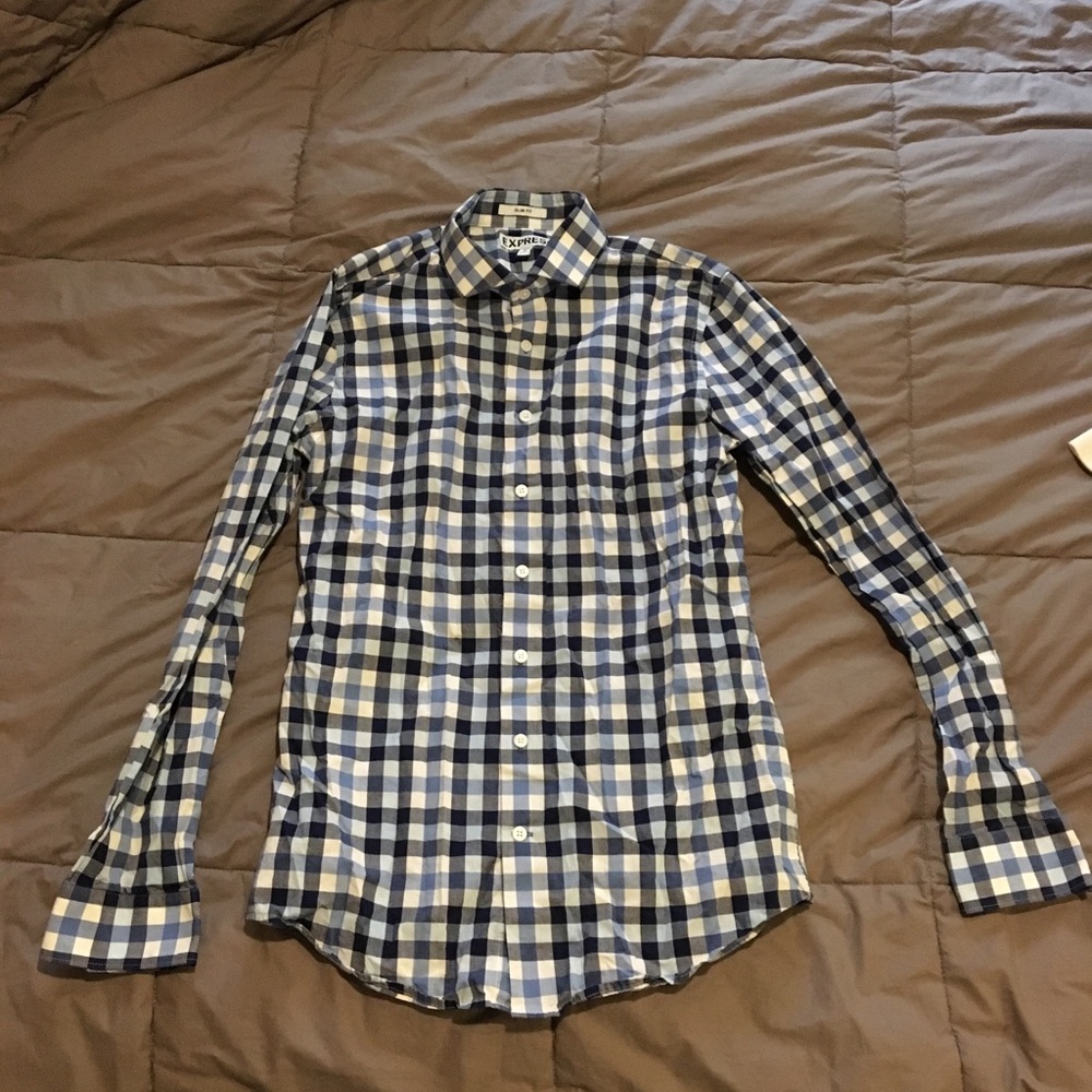 Express Dress Shirt--Blue Plaid--Small-- Slim Fit